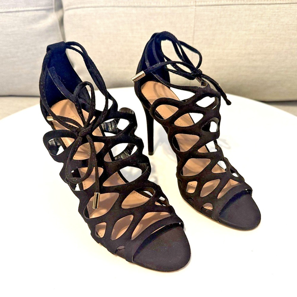 BCBGeneration Faux Suede Black Cutout Strappy Stiletto Heels